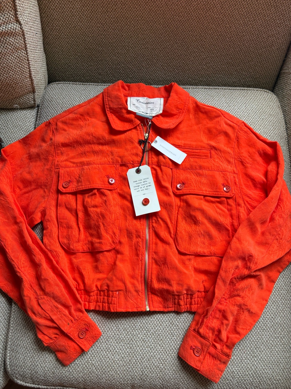Anthropologie Cartonnier Bright Orange Cargo Button-Pocket Jacket NWT